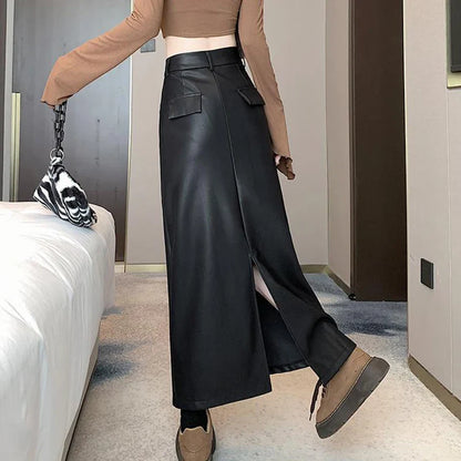 maoxiangshop Vintage Coffee Black Long Skirt for Women Casual Back Split Pu Leather Skirts Ladies Autumn Winter High Waist A-Line Skirt