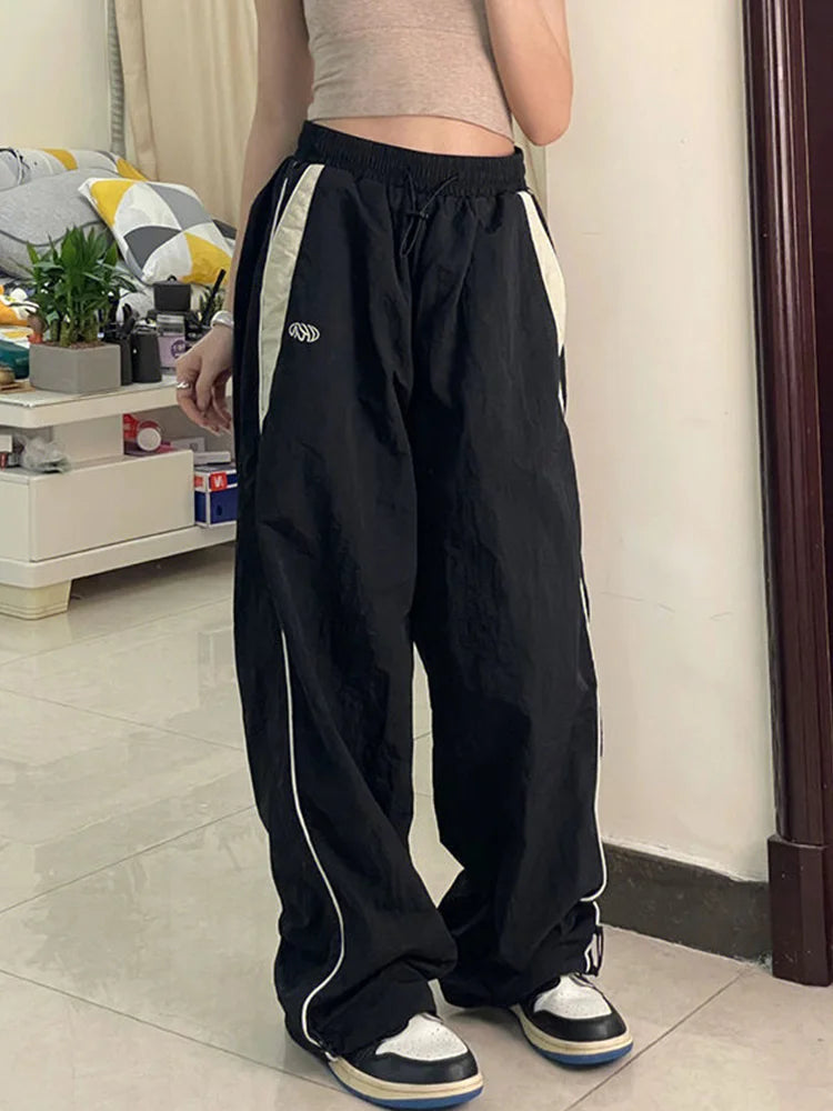 Women Spring Retro Solid Loose Drawstring Trousers Casual Joggers Baggy Wide Leg Sweatpants Mid Waist Sporty Y2k Female Clothes