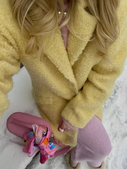 maoxiangshop  -  Retro Lambwool Solid Long Coats Women Elegant Loose Lapel Single Breasted Plush Coat Female Winter Warm Chic Street Overcoats