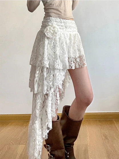 Asymmetrical Lace Skirts Women Summer Clothing Soft 2000s Vintage Clothing Streetwear Y2k Trendy Korean Style Loose Ladies Party