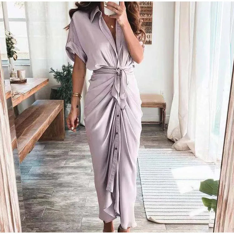 maoxiangshop Women Summer Elegant Button Ruched Bandage Shirt Dress Fashion Casual Short Sleeve Solid V Neck Beach Maxi Dress