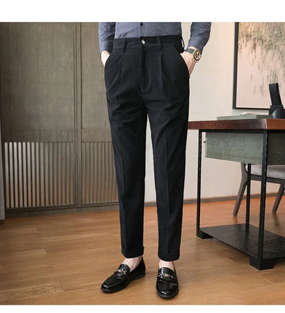 maoxiangshop British Style Men High Waist Casual Dress Pant Men Belt Design Slim Trousers Formal Office Social Wedding Party Dress Suit Pants