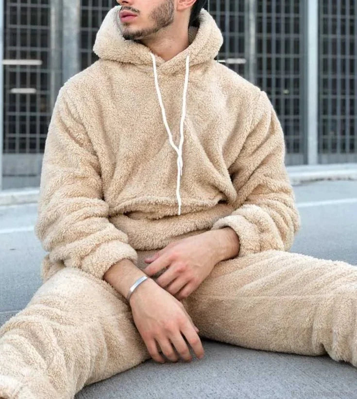 maoxiangshop Men's Hoodie Outfit Solid Fluffy Fleece Sweatshirts with Trouser Two Piece Set Fall Winter Streetwear Hooded Hoodie Suits