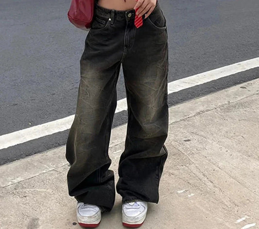 Streetwear Grunge Baggy Jeans Women Vintage Distressed Straight Leg Y2K Denim Pants 90s Aesthetic Outfits Washed Chic