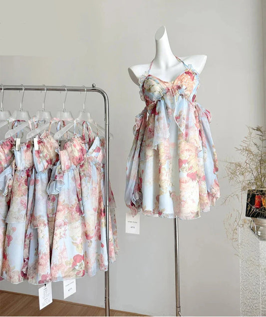Summer French Vintage Mini Fairy Chiffon Floral Lantern Sleeve Dress Women Mori Romantic Frock Evening Court One-Piece Gyaru New