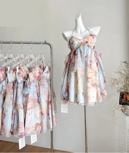Summer French Vintage Mini Fairy Chiffon Floral Lantern Sleeve Dress Women Mori Romantic Frock Evening Court One-Piece Gyaru New
