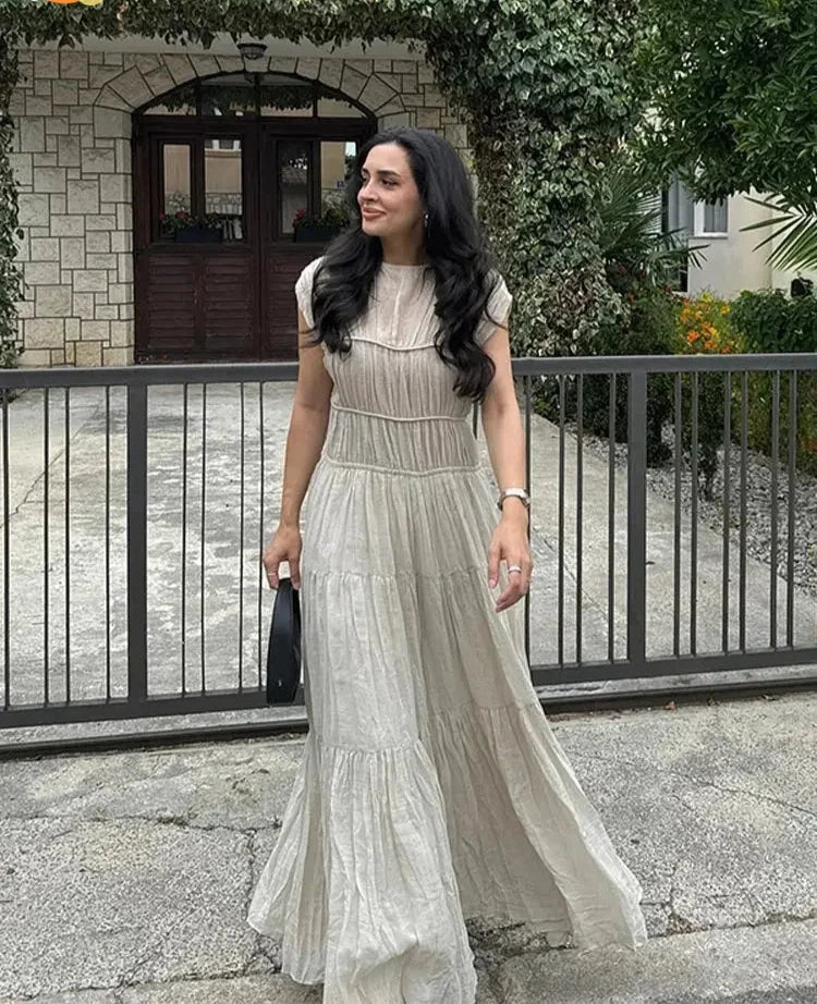 Summer Lady Elegant Pleated Hem Solid Maxi Dress Fashion Short Sleeve Round Neck Robe  Casual Women Commuting Office Dresses