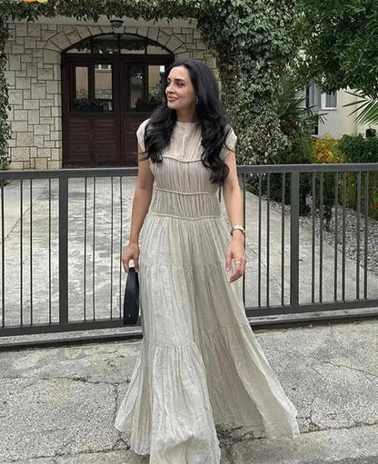 Summer Lady Elegant Pleated Hem Solid Maxi Dress Fashion Short Sleeve Round Neck Robe  Casual Women Commuting Office Dresses