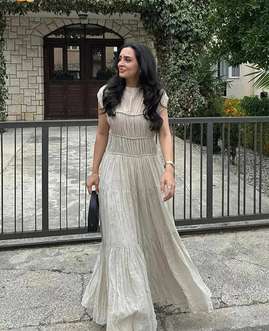 Summer Lady Elegant Pleated Hem Solid Maxi Dress Fashion Short Sleeve Round Neck Robe  Casual Women Commuting Office Dresses