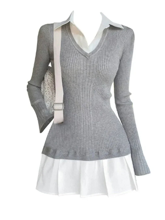 Summer Preppy Style Fake Two Pieces Mini Knitted Shirts Dress Women Gyaru 2000s Aesthetic Vintage Long Sleeve One-Piece