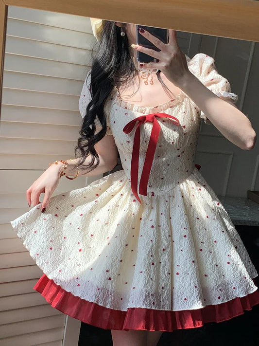 Summer Sweet Print Y2k Mini Dress Woman Bow Lolita Kawaii Short Party Dress Casual One Piece Dress Korean Fashion Hot Girls