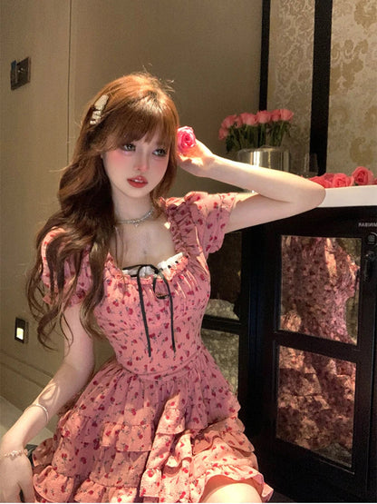Summer Sweet Spicy Girl Princess Dress Woman French Elegant Floral Y2k Mini Dress Party Cute One Piece Dress Korean Fashion