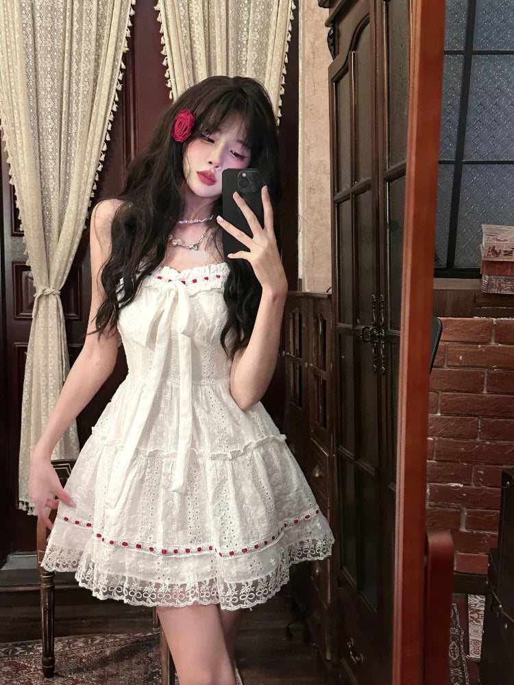 Summer White Lolita Sweet Lace Dress Woman Casual Elegant Y2k Mini Dress Short Party Hot Girls One Piece Dress Korean Fashion