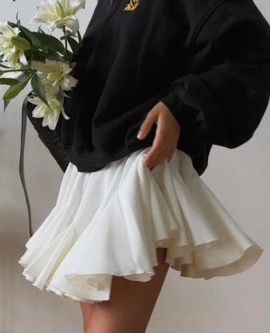 Summer White Ruffles High Waist Mini Skirt Women Casual Pleated Fluffy A-line Skirts Elegant Fashion Lady Party Streetwear