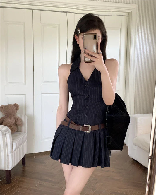 Summer Woman Fashion V-neck Sleeve Striped Dress Clothing High Waist A-line Summer Vestido Female Pleated Y2k Mini Dresses