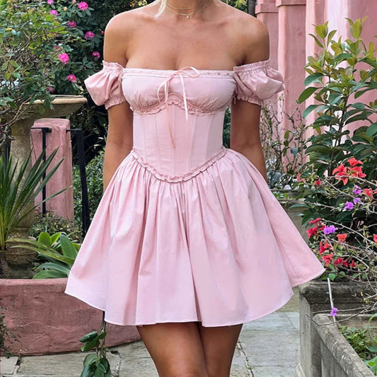 Sweet Princess Puff Sleeve Mini Dress Vintage Lace Trim Backless Corset A-Line Dress Women Evening Night Cocktail Vestidos