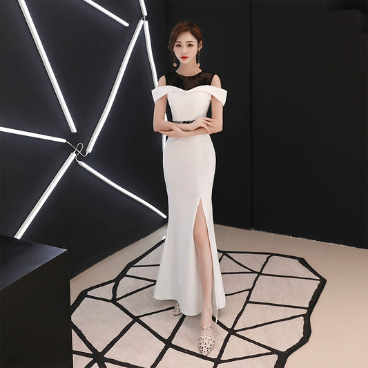 White evening dress women's  new banquet noble temperament fishtail dress long celebrity dress aura queen