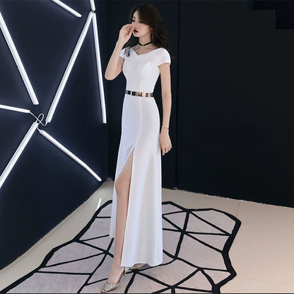 White evening dress dress women's  new high-end temperament banquet aura queen elegant celebrity dress long