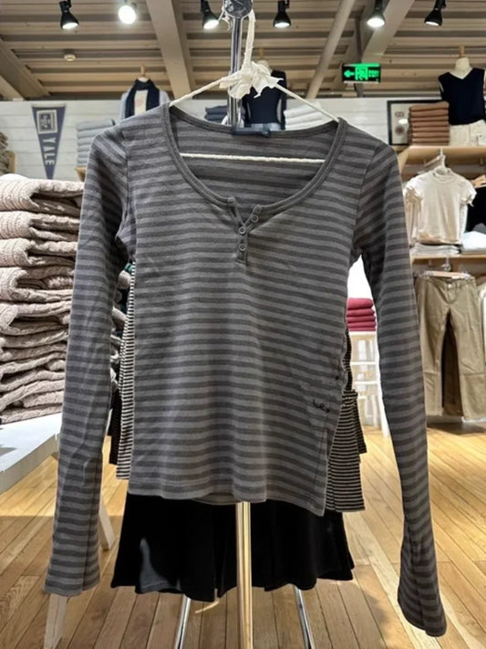 Three Buttons Stripes Long Sleeve T-shirts Women Autumn Soft Cotton O-Neck Vintage Top Female Vintage Y2k Streetwear Tees