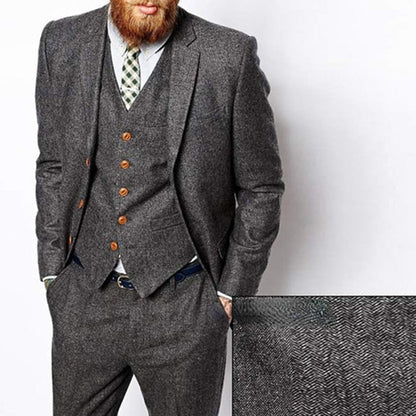 maoxiangshop Grey Herringbone Men's Suit Tweed British Style Custom Made Male Suit Slim Fit Blazer Wedding Suits for Men 3 Pieces