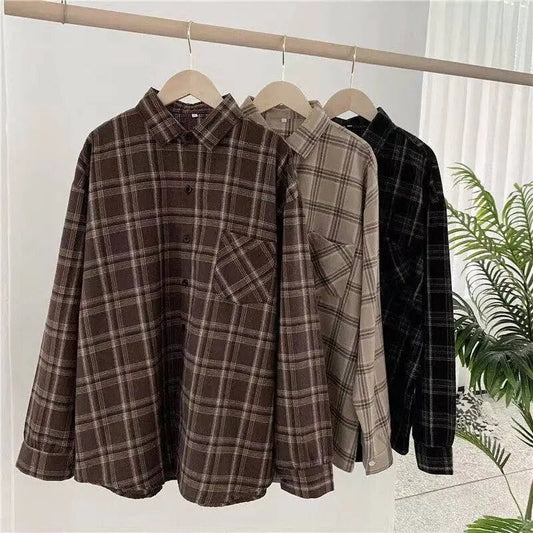 maoxiangshopVintage Women Plaid Shirts Loose Oversize Long Sleeve Button Up Fall Shirt Casual Pocket Female Tops Korean Black Tops