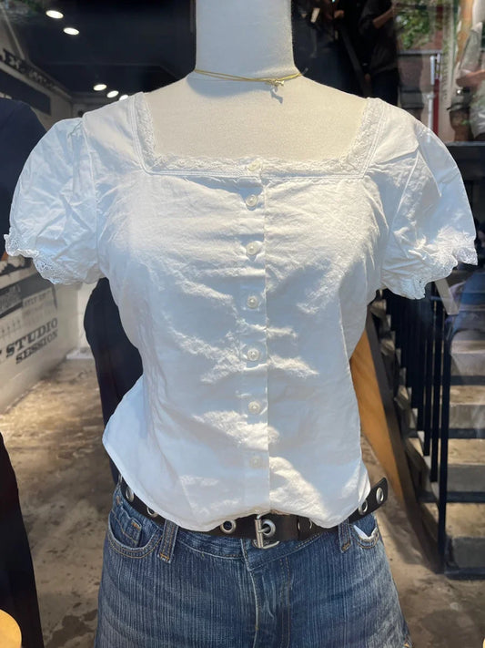White Lace Trim T-Shirts Spring Square Collar Single Breasted Belt Cotton Blouse Top Femme Streetwear Cute Long Sleeve Tee Shirt