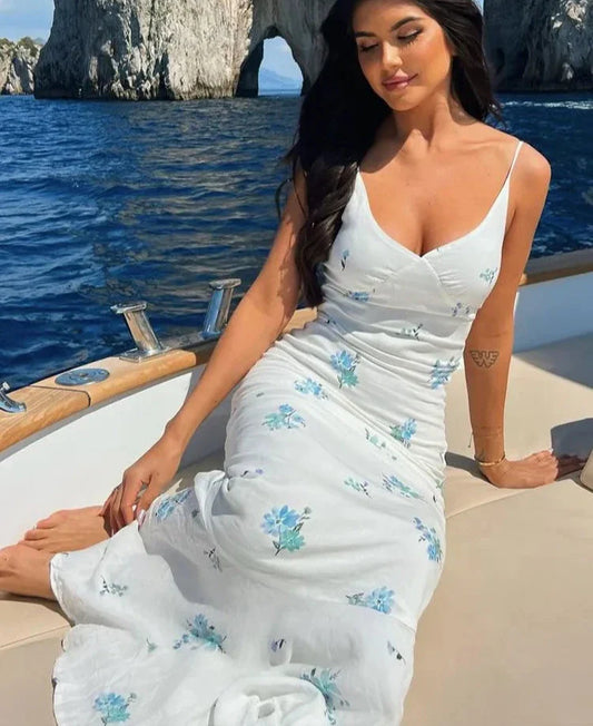 Women Elegant Floral Print Slip Sleeveless Backless Slim Sexy Maxi Prom Dress Summer Clothes Y2K Party Vacation