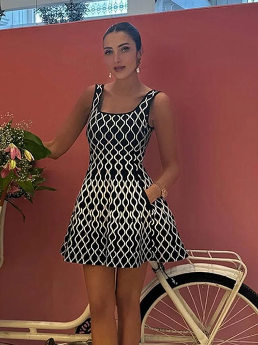 Women Fashion Plaid Side Pocket Knitted Mini Dress Elegant Backless Sleeveless Pleated A-line Dresses New Party Sexy Robes