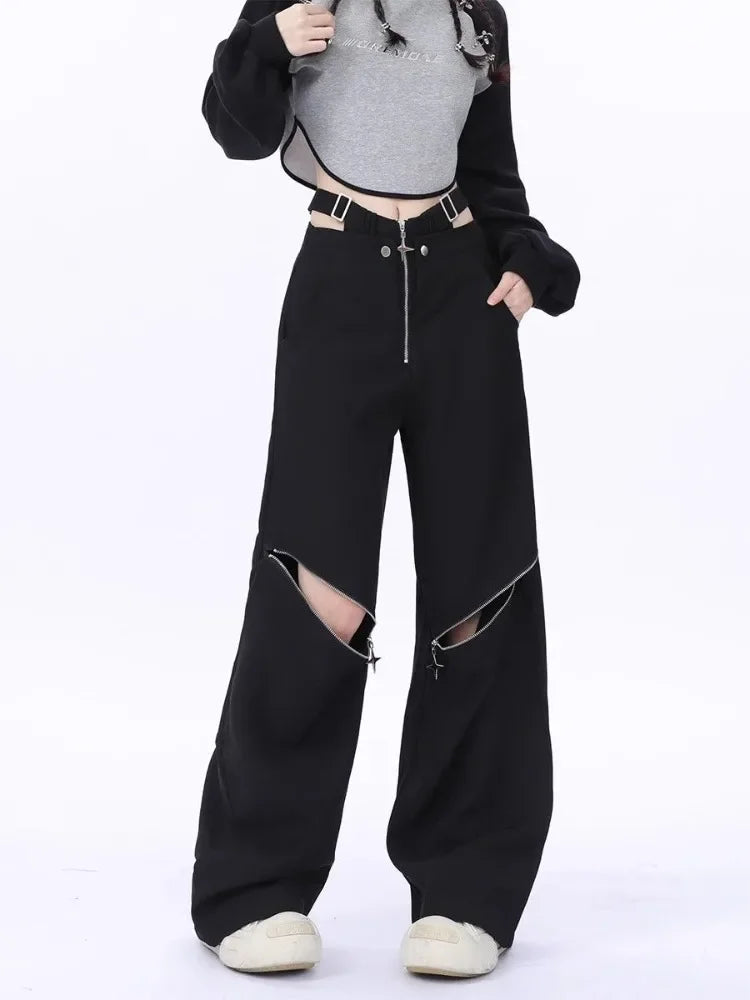 Y2K Black Cargo Pants Women Baggy Punk Style Zipper Trouser Hip Hop Gyaru Streetwear High Waist Pant Techwear Hollow Out