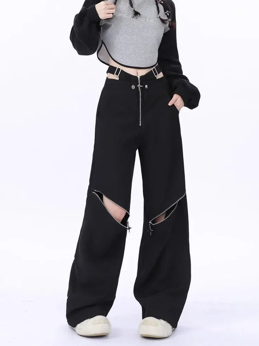 Y2K Black Cargo Pants Women Baggy Punk Style Zipper Trouser Hip Hop Gyaru Streetwear High Waist Pant Techwear Hollow Out