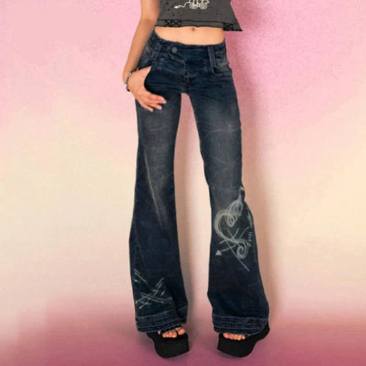 Y2K Grunge Fairycore Chic Skinny Low Rise Flared Jeans Women Vintage Aesthetic Heart Printed Denim Trousers Boot Cut