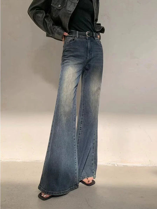 Y2k Blue Flare Jeans for Woman Vintage Wide Leg Denim Pants Female Full Length Baggy Pantalones Vaqueros Mujer Spring