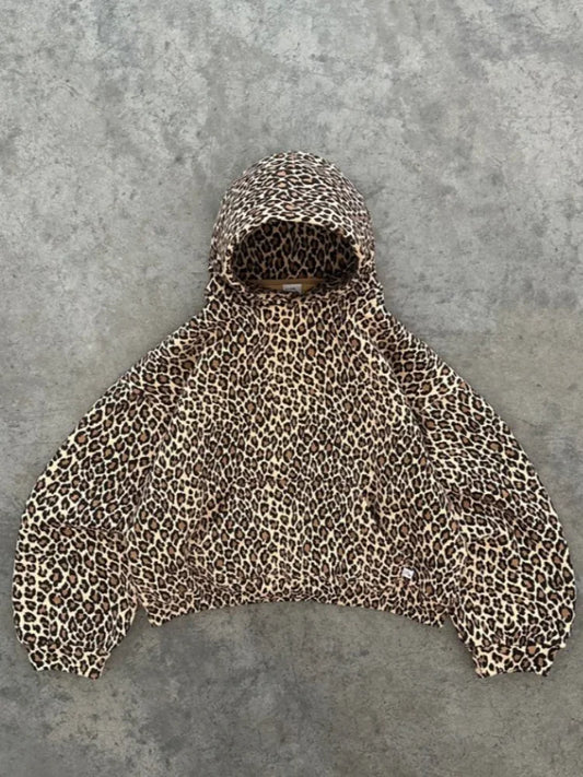 maoxiangshop Y2k Leopard Print Vintage Hoodies Women American Retro Fashion Streetwear Hiphop Oversized Hooded Sweatshirt Autumn