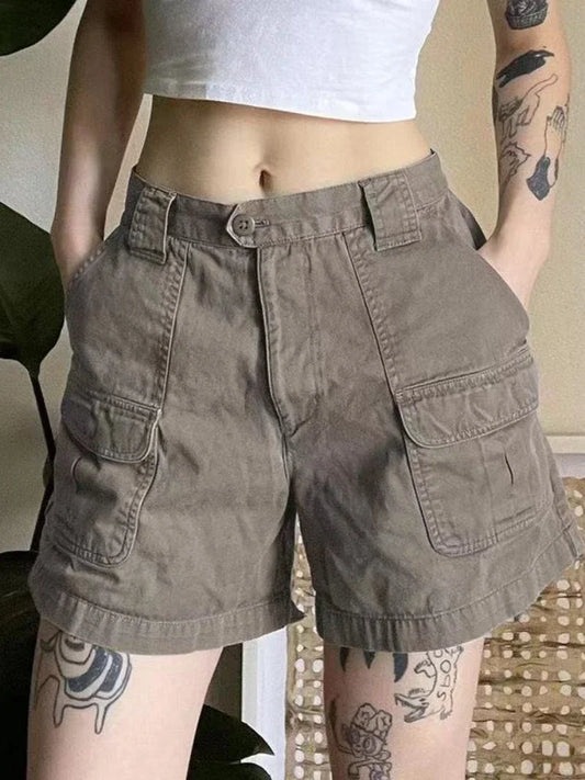 Y2k Vintage Streetwear Cargo Denim Shorts Women American Retro Harajuku Solid Loose Jeans Casual Pocket Summer Chic
