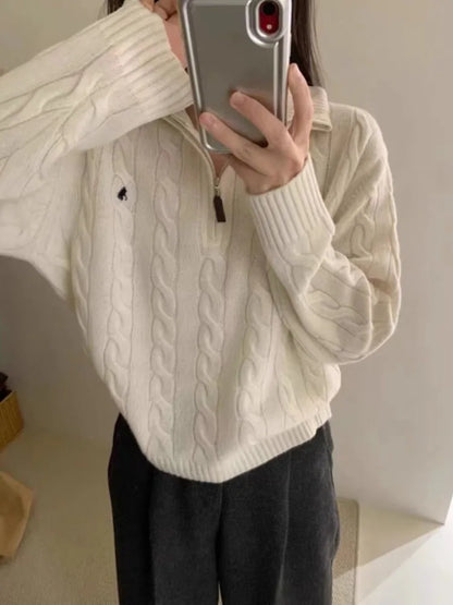 Y2k Vintage Streetwear Knitted Pullovers Women Korean Style Casual Losse Zipper Solid Embroidery Sweater Autumn