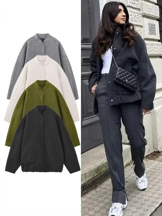 maoxiangshopWomen's New Pocket Decorative Hidden Button Loose Versatile Oversized Bomber Jacket Round Neck Long Sleeve Casual Top Coats