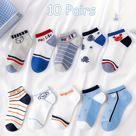 10 Pairs Of Kid's Fashion Cute Pattern Low-cut Socks, Comfy & Breathable Soft & Elastic Thin Socks For Spring And Summer