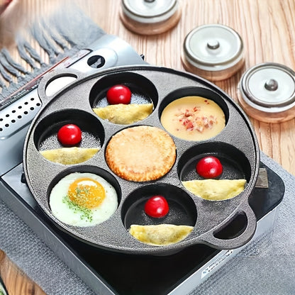 1-Piece Cast Iron 7-Mold Omelet Pan, Non-Stick Mini Pancake Griddle, Broiler Safe, Durable Cookware for Kitchen and Restaurant Use