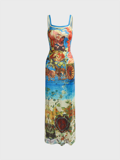 Spaghetti Pop Art Print Sleeveless Maxi Dress