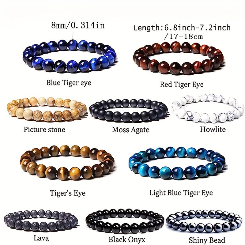 10pcs 8mm Semi Precious Stone Bracelet Round Beaded Bracelet, Crystal Heal Stretch Beaded Bracelets For Men, Bracelet Unisex, For Men And Women, Holiday Gifts, Simple Gifts For Men