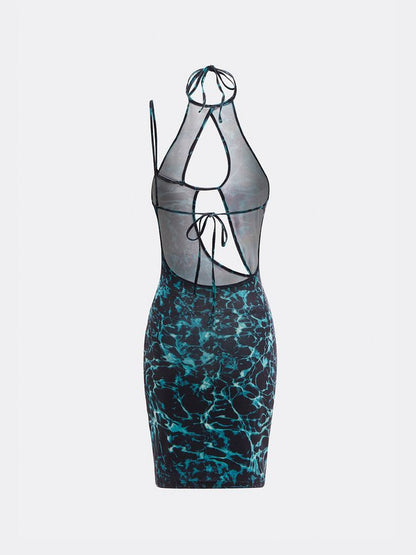 Edgy Blue Marbling Cut Out Halter Dress Mini Dress