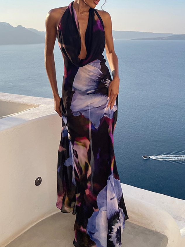 Halter Floral Sleeveless Maxi Dress