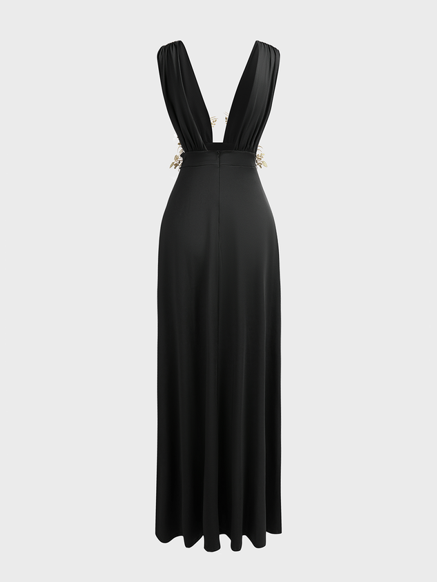 Side Slit Deep V Neck Plain Sleeveless Maxi Dress