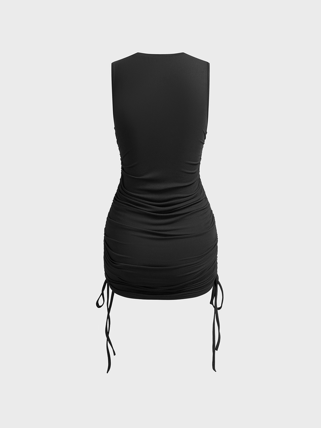 Drawstring Crew Neck Plain Sleeveless Short Dress