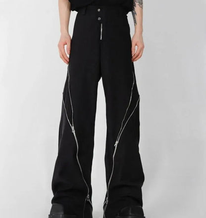 New Men's Pants Men Black Zipper Design Slit Slightly Flared Vertical Feeling Straight Casual Y2K Trousers