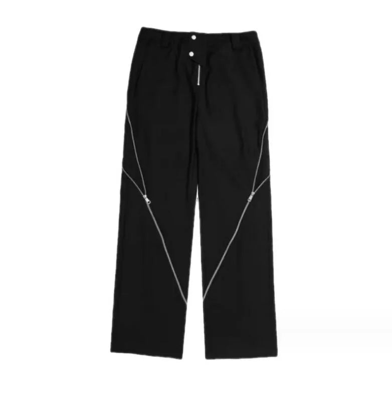 New Men's Pants Men Black Zipper Design Slit Slightly Flared Vertical Feeling Straight Casual Y2K Trousers