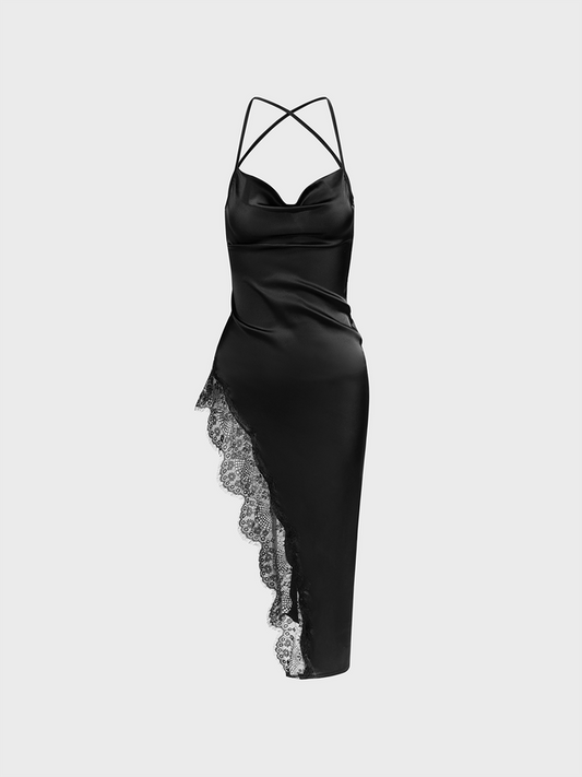 Patchwork Lace Side Slit Spaghetti Plain Sleeveless Maxi Dress