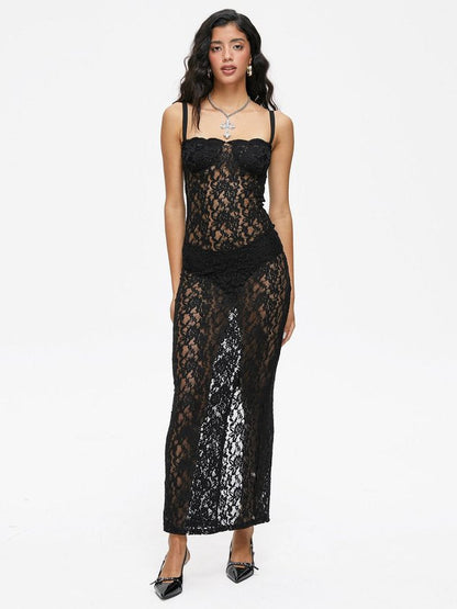 Lace Spaghetti Plain Midi Dress