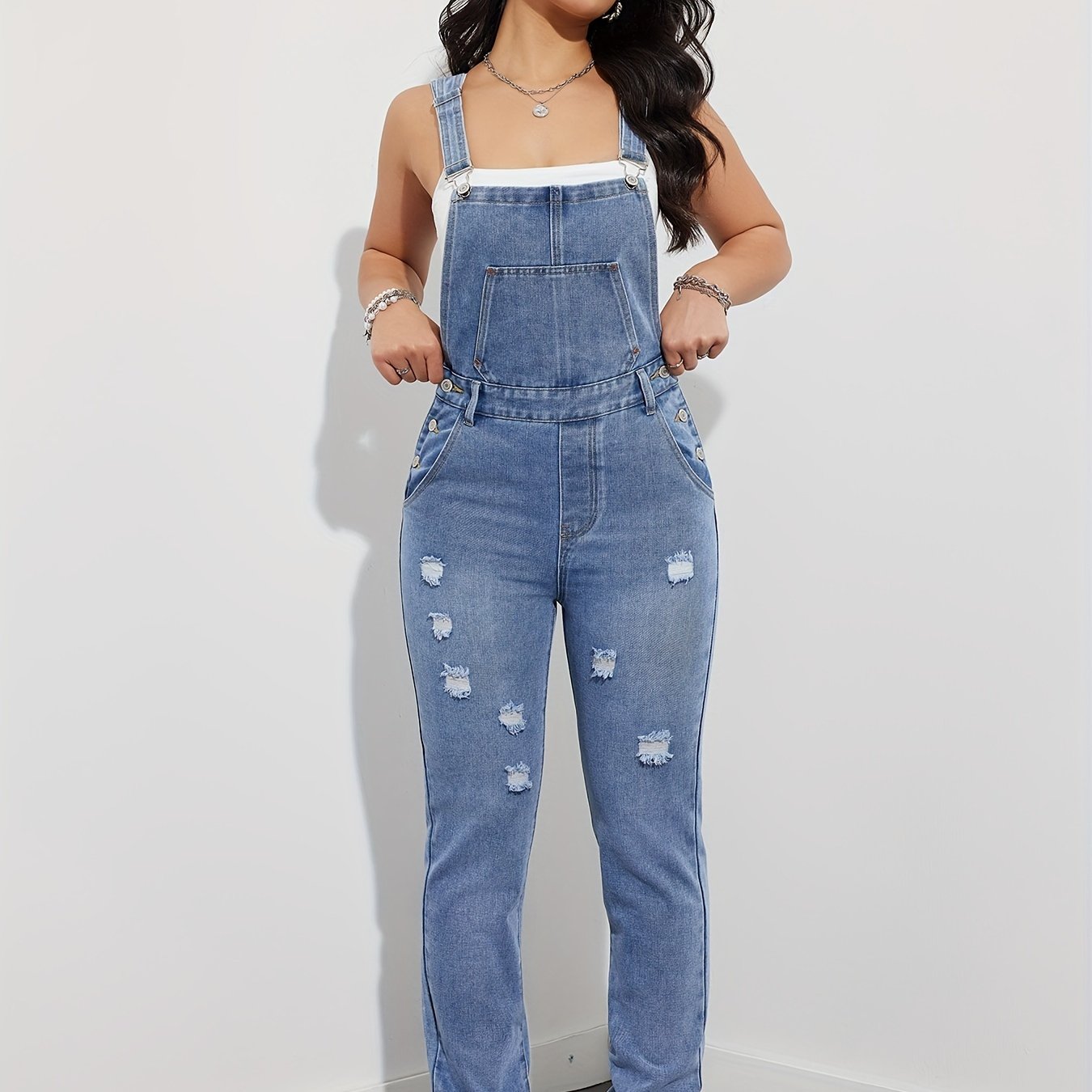 Women's Distressed Ripped Denim Overalls, Casual Loose Fit Jumpsuit With Pockets, Vintage Jean Dungarees For Daily Wear