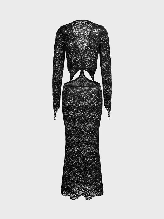 Lace Cut Out V Neck Plain Long Sleeve Maxi Dress